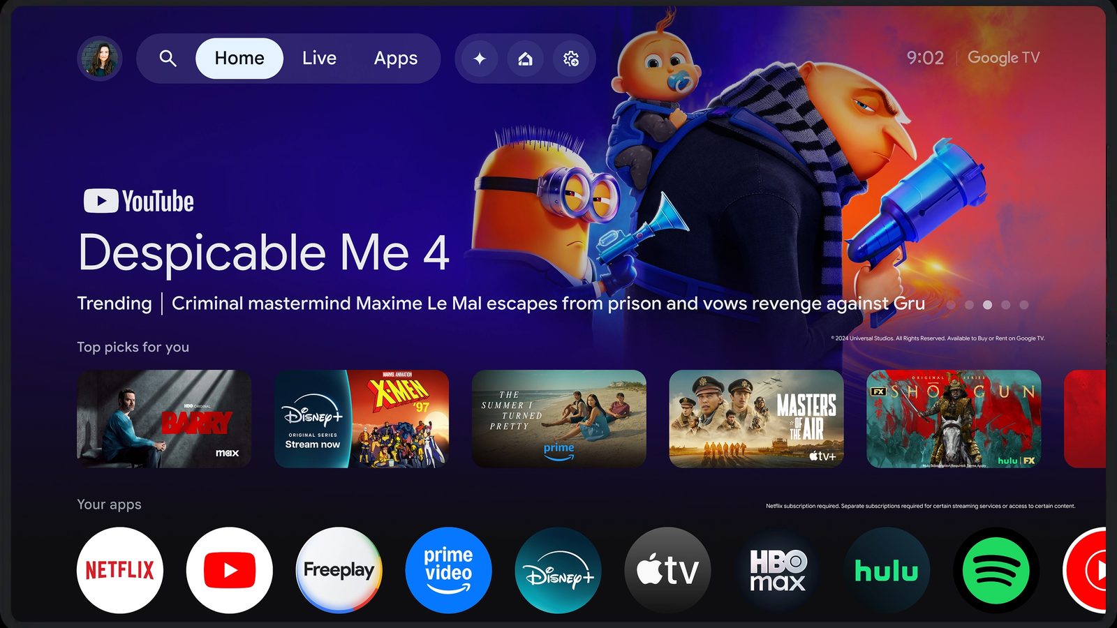 Google TV: a banner, “Top picks for you” and apps