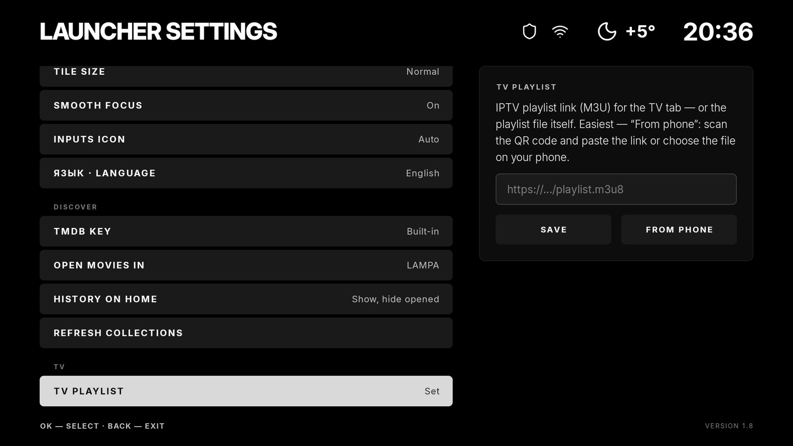 SolaTV settings, TV playlist item: link field, Save and From phone buttons