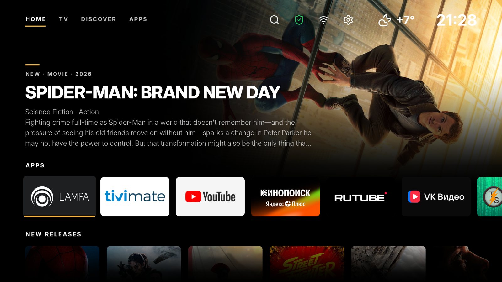 SolaTV home screen: a movie still with a description, a row of apps and new movies